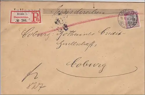 Germania: Einschreibebrief Dresden nach Coburg 1904