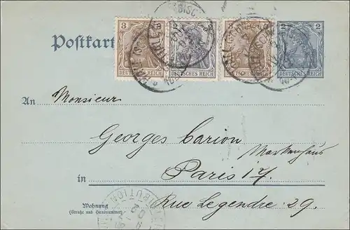 Germania: Ganzsache-Postkarte von Schwäbisch Hall nach Paris 1902