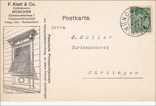 Infla: Carte postale de Munich à Nürtingen 1923 - Sonnerieweberei