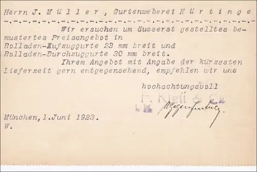 Infla: Postkarte von München nach Nürtingen 1923 - Gurtenweberei