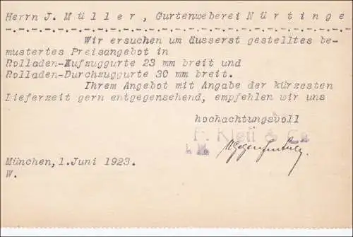 Infla: Postkarte von München nach Nürtingen 1923 - Gurtenweberei