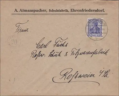 Germania: Brief Schuhfabrik Ehrenfriedersdorf vers Rosswein 1920