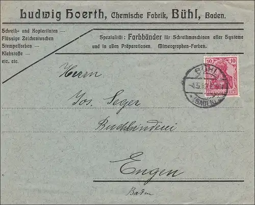 Germania: Brief Bühl/Baden - Farbbänder, Zeichentuschen, Stempelfarben - 1912