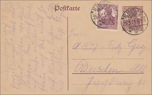 Germania: Postkarte aus Ilmenau nach Dresden 1921