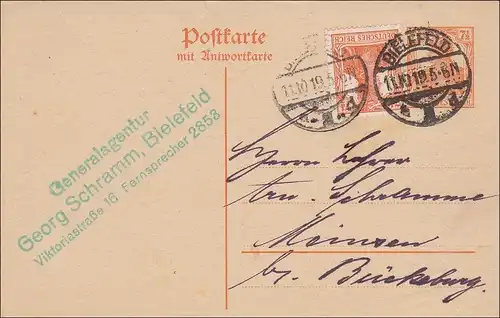 Germania: Ganzsache aus Bielefeld 1919