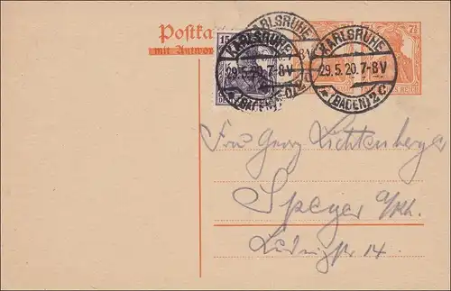 Germania: Ganzsache  von Karlsruhe nach Speyer 1920