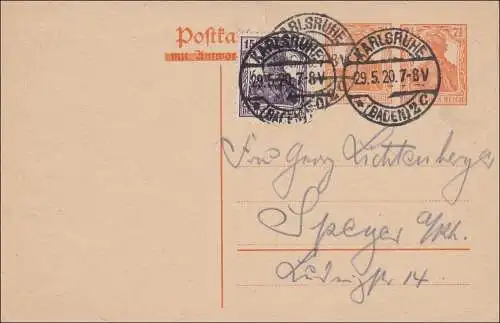 Germania: Ganzsache  von Karlsruhe nach Speyer 1920