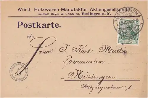 Germania: Carte postale de Esslingen à Nürtingen 1910, Perfin