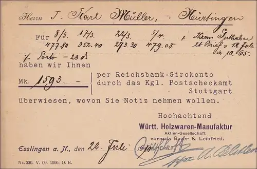 Germania: Postkarte von Esslingen nach Nürtingen 1910, Perfin