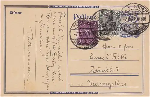 Germania: Ganzsache von Zehlendorf nach Zürich 1922, MiNr. 104C, signiert Infla