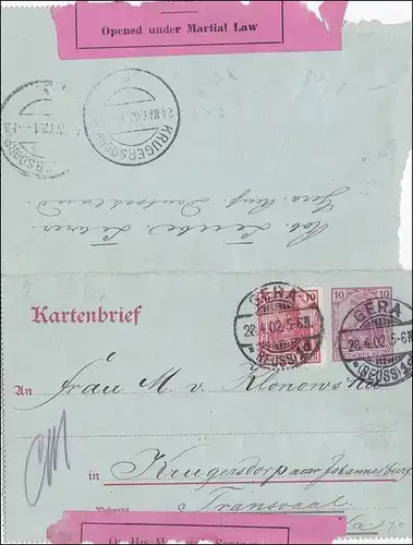 Germania: Kartenbrief - Ganzsache Gera nach Transvaal -Krüger Park 1902 - ZENSUR