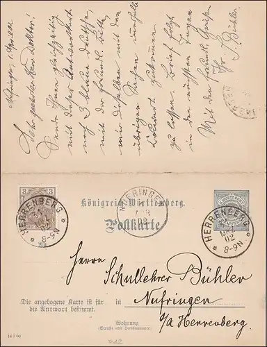 Germania: Ganzsache von Herrenberg nach Nufringen 1902