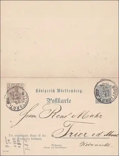 Germania: Ganzsache von Stuttgart nach Trier 1902