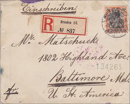 Germania: Einschreibebrief von Dresden nach Baltimore 1919 - über direkten Weg
