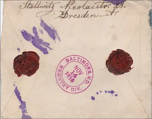Germania: Lettre d'inscription de Dresde à Baltimore 1919 - par voie directe
