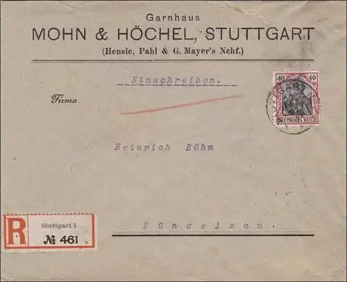 Germania: Lettre de Stuttgart en recommandé à Künzelsau 1907 - Garnhaus