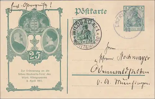 Germania: Ganzsache silberne Hochzeitsfeier württemb. Königspaar 1911