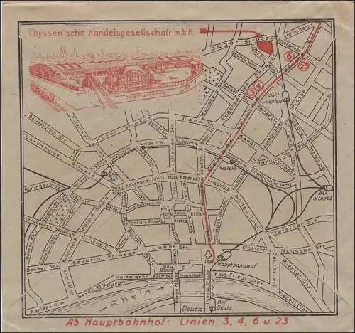 Inflation: Brief von Köln 11.1923 - Rückseite Anfahrplan Köln zu Thyssen