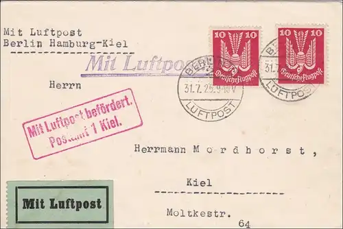 Inflation: Brief von Berlin als Luftpost Berlin-Hamburg-Kiel 31.7.1925, MeF