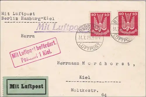 Inflation: Lettre de Berlin comme poste aérien Berlin-Hamburg-Kiel 31.7.1925, MeF
