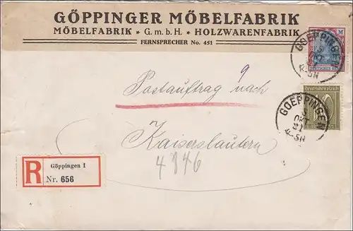 Inflation: Brief Göppinger Möbelfabrik, Einschreiben nach Kaiserslautern 5.10.21