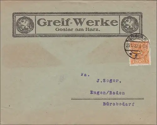 Inflation: Brief von Goslar nach Baden - Bürobedarf - 29.12.1922