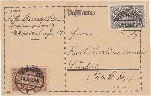 Inflation: Carte postale de Braunschweig vers CSSR, 9.8.1923