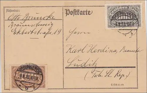 Inflation: Postkarte von Braunschweig nach CSSR, 9.8.1923