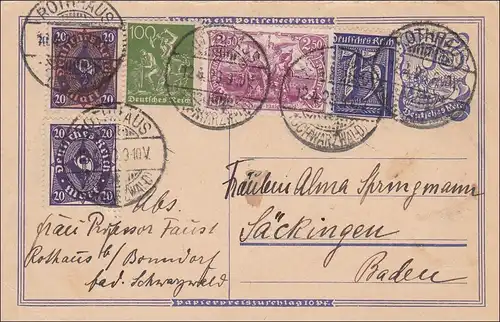 Inflation: Ganzsache von Rothaus nach Säckingen 12.4.1923