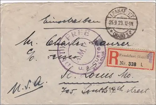 Inflation: Einschreiben von Frankfurt nach USA 25.9.1923: DUTY FREE Stempel
