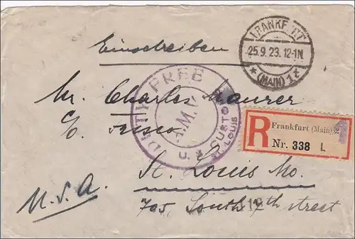 Inflation: Lettre recommandée de Francfort aux États-Unis 25.9.1923: DUTY FREE Tampon