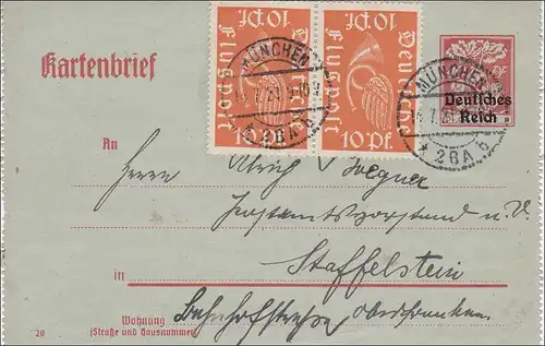 Inflation: Ganzsache -Kartenbrief- von München nach Staffelstein 14.7.1921