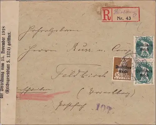 Inflation: Brief Heinburg als Einschrieben nach Feldkirch-GEÖFFNET 1921, geprüft