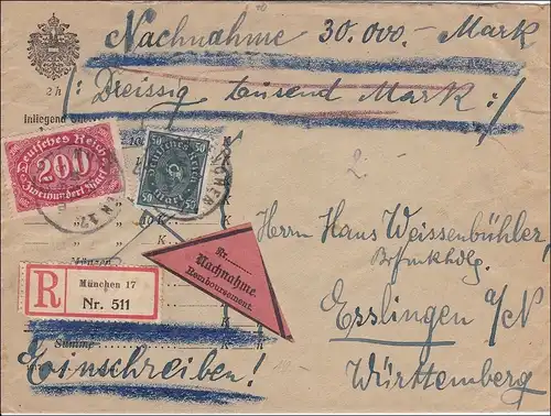 Inflation: Brief von München- R-Nachnahme nach Esslingen 1923