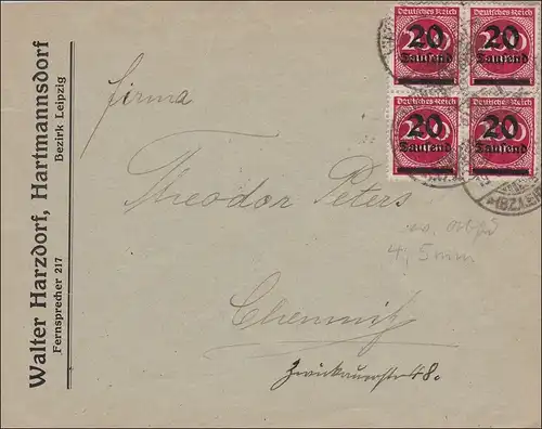 Inflation:  Brief von Hartmannsdorf nach Chemnitz 1923
