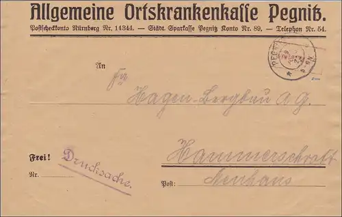 Inflation:  Brief der AOK Pegnitz nach Hammerschraft 29.8.1923