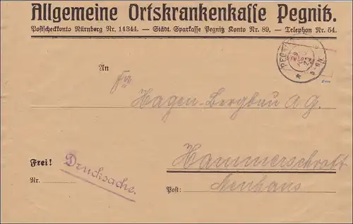 Inflation: Lettre de l'AOK Pegnitz après Hammerschraft 29.8.1923