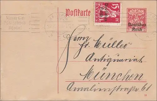 Inflation:  Ganzsache von Bamberg nach München - Werbung Postscheckkonto - 1920