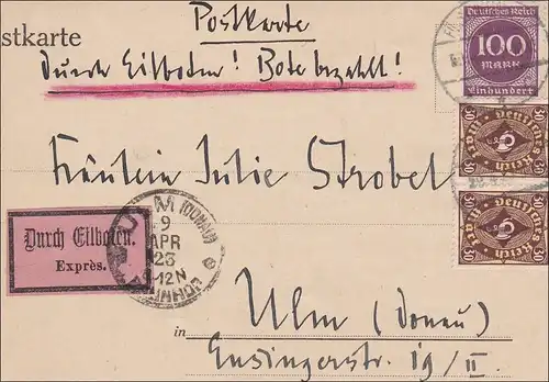 Inflation: Postkarte nach Ulm per Eilboten - Redaktion Simplicisimus 9.4.1923