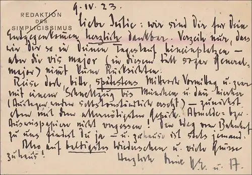 Inflation: Carte postale d'Ulm par eilbot - Rédaction Simplicisimus 9.4.1923