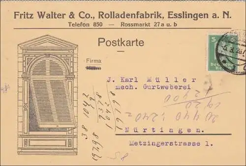 Weimar: Postkarte von Esslingen nach Nürtingen 1926