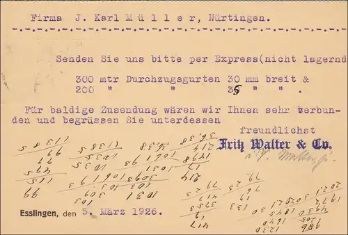 Weimar: Carte postale de Esslingen à Nürtingen 1926