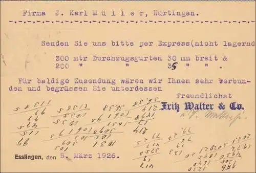 Weimar: Postkarte von Esslingen nach Nürtingen 1926