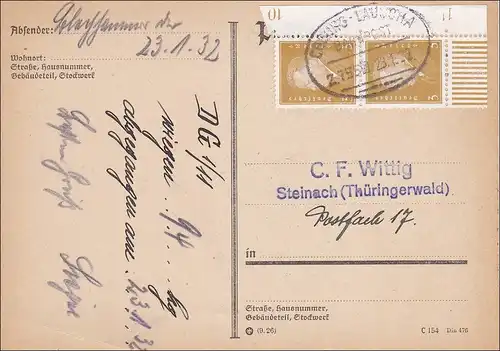 Postkarte - Eckrandstück - mit Bahnpoststempel Coburg - Lauscha 1932