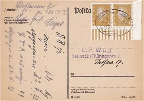 Weimar:  Postkarte - Eckrandstück - mit Bahnpoststempel Coburg - Lauscha 1932