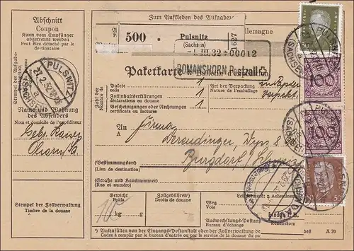 Weimar:  Paketkarte von Pulsnitz / Sachsen in die Schweiz 1932