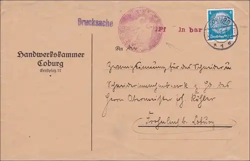 Weimar:  Drucksache Brief von Coburg - Handwerkskammer - 1 Pfg. BAR