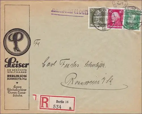Weimar: Lettre d'Einschreibsschriften de Berlin à Roßwein 1927: Premier jour