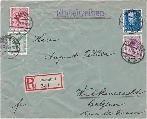 Weimar: Lettre recommandé de Chemnitz à la Belgique 1928