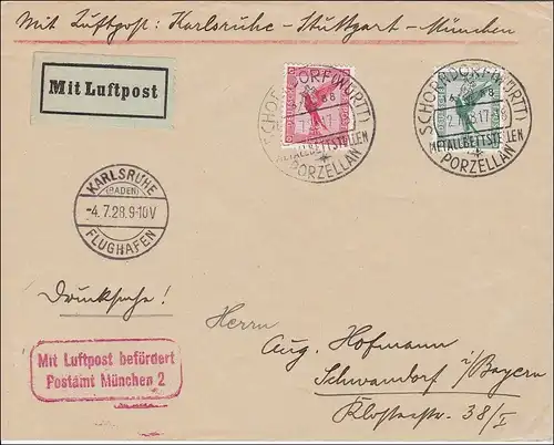 Weimar: Luftpost Karlsruhe/Flughafen nach Schwanenhof/München 2- Luftpost 1928